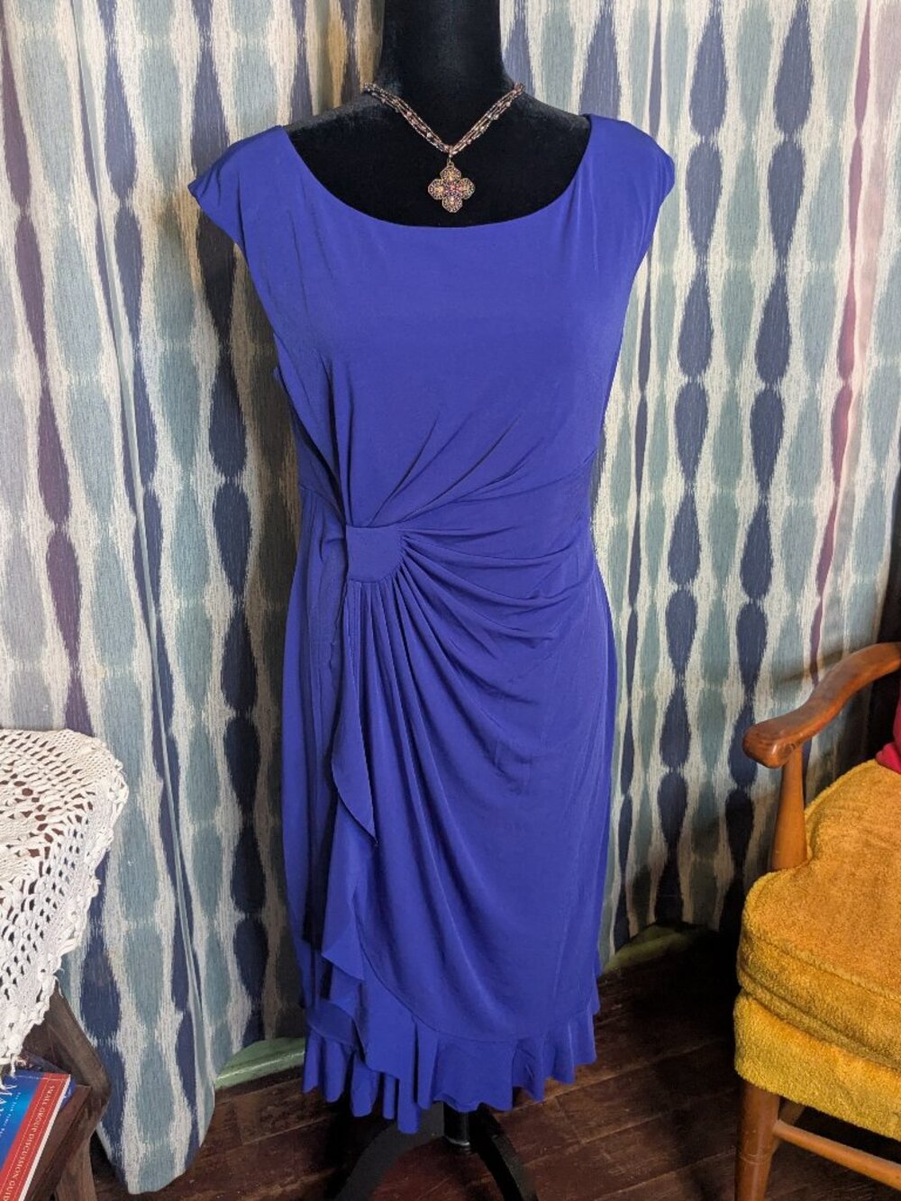 Connected Apparel Blue Draped Ruched Cocktail Dress Size 12